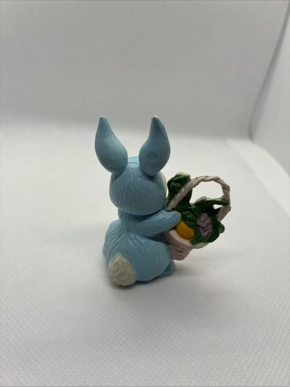 Vintage Blue Easter Bunny Figurine Basket Eggs Flowers Spring Rabbit Decor